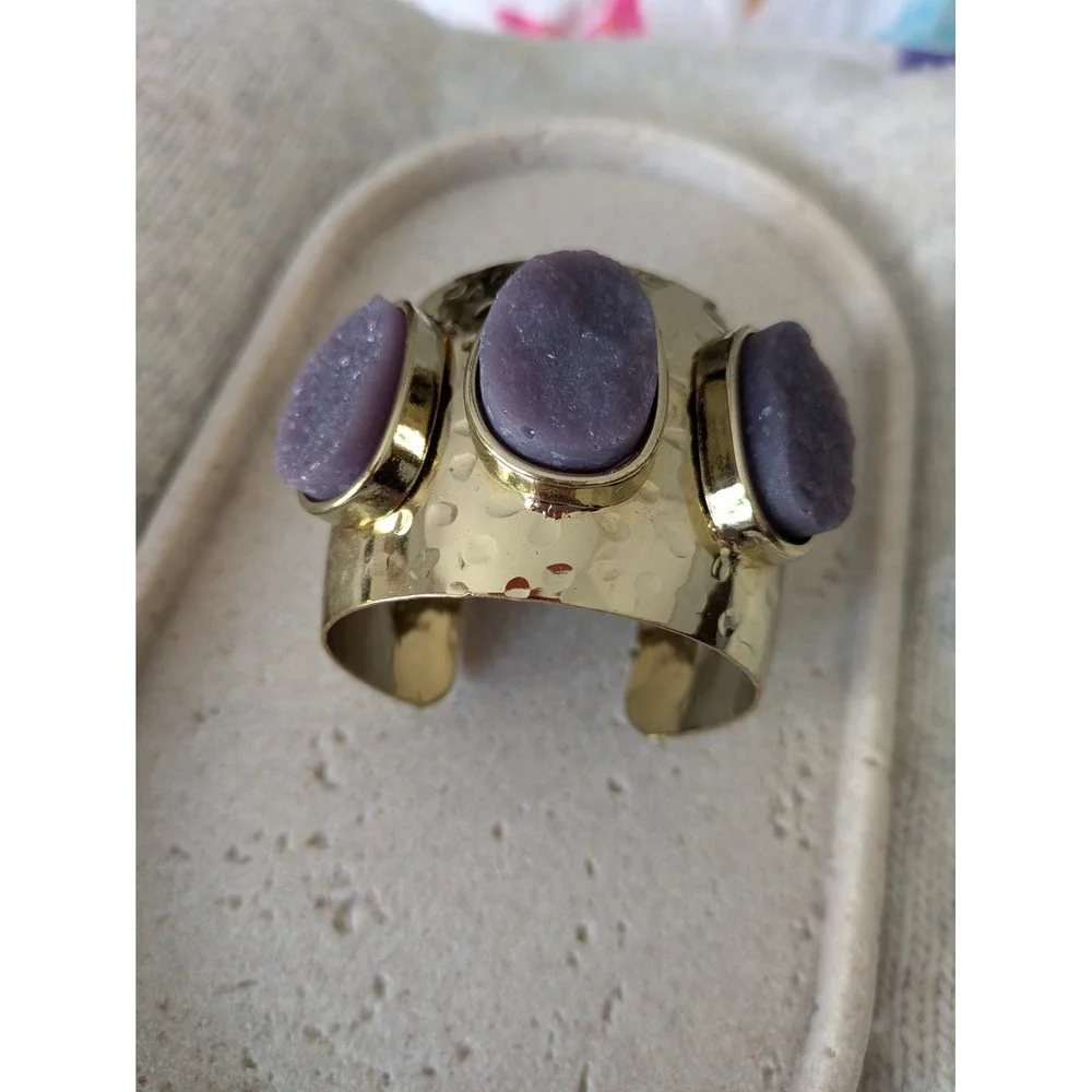 Graziano Wide Cuff Bracelet In Gold Tone Purple Druzy Stone Beads Chunky Whimsy